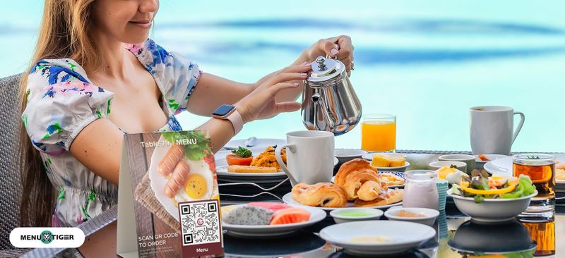 a lady having a snack buffet by the poolside menu qr code