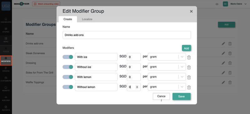 menu tiger modifier group 