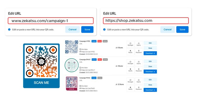 Edit QR code information Redirect existing QR code