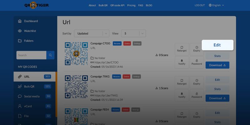 Clicking the edit button to update Edit a QR code campaign