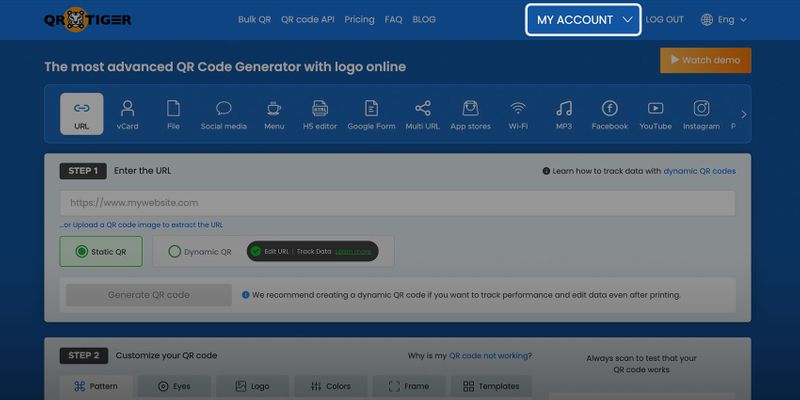 QR tiger my account menu QR tiger homepage