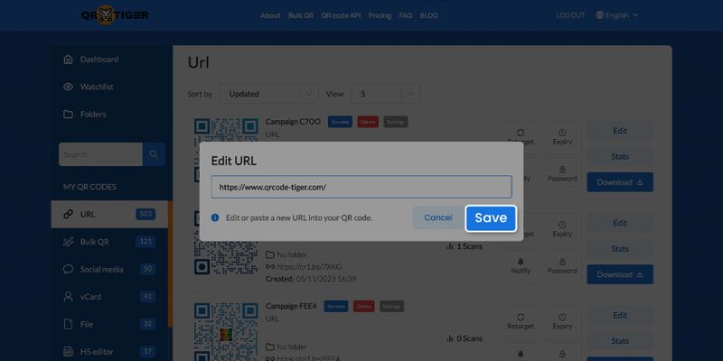 Saving new content in QR code editor Click save button after edit