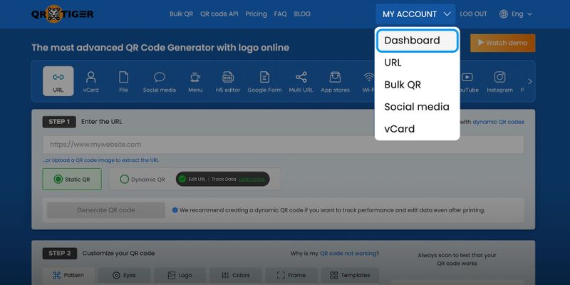 QR tiger dashboard menu dropdown QR tiger dashboard