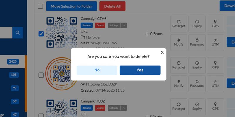 Delete button pop-up
