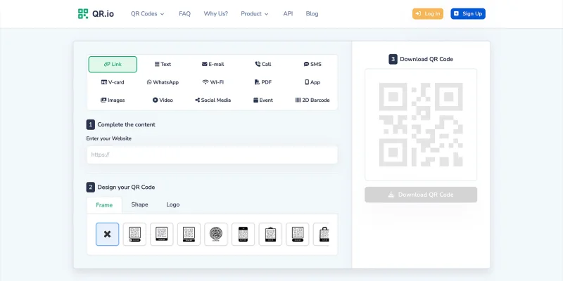 QR.io QR code generator homepage