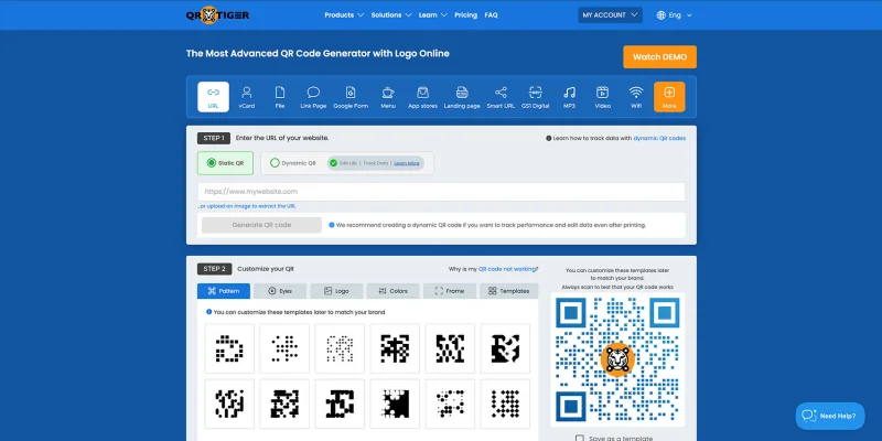 QR tiger QR code generator homepage