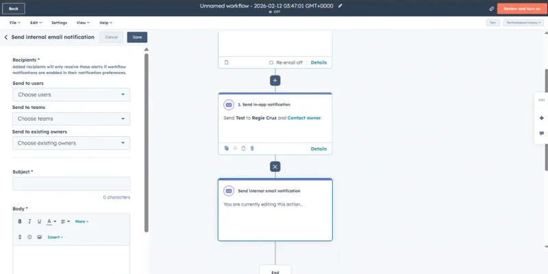 HubSpot internal email notification workflow setup