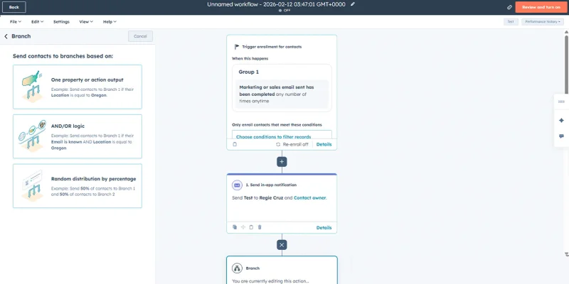 HubSpot workflow conditional branch setup screen