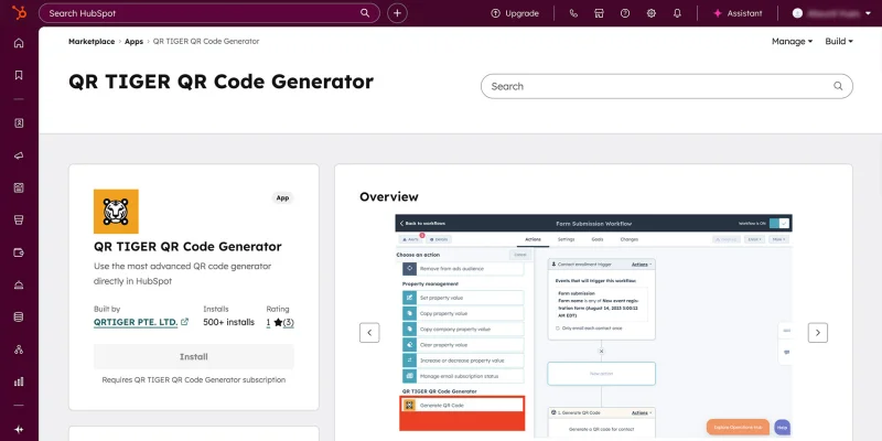 HubSpot page showing QR TIGER setup