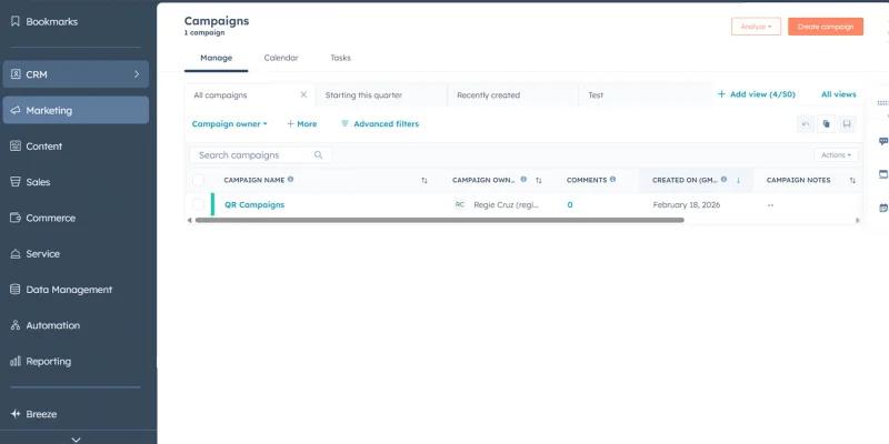 HubSpot campaigns view for QR ROI