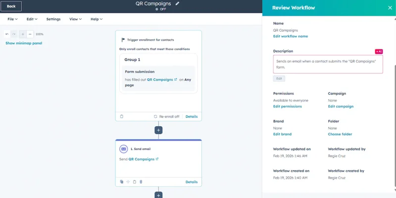 HubSpot workflow review and activation panel