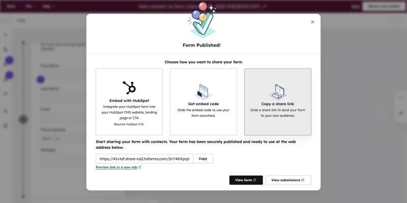 HubSpot form published popup
