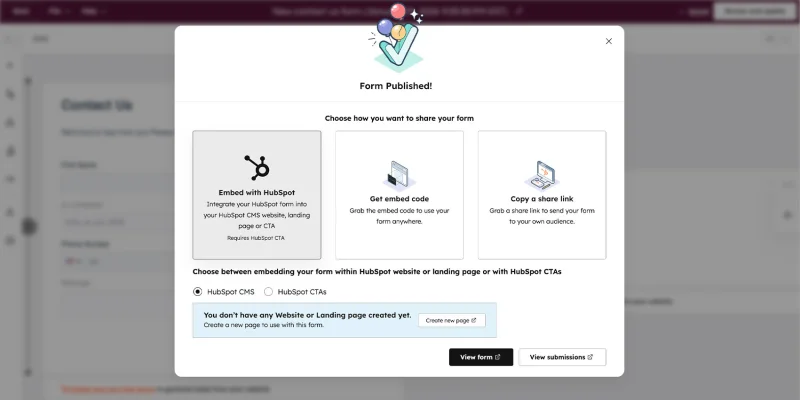 HubSpot form published link options