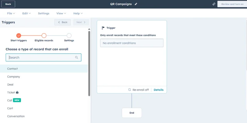 HubSpot contact workflow trigger setup