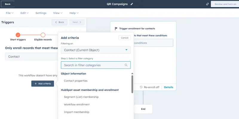 HubSpot enrollment trigger criteria selection panel