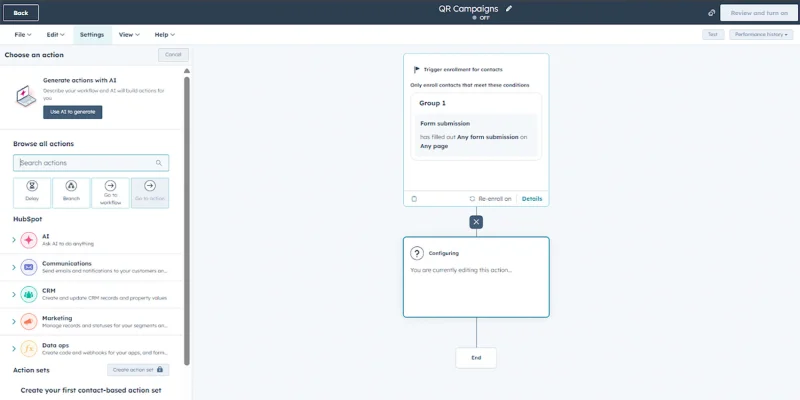 HubSpot workflow automation action builder screen