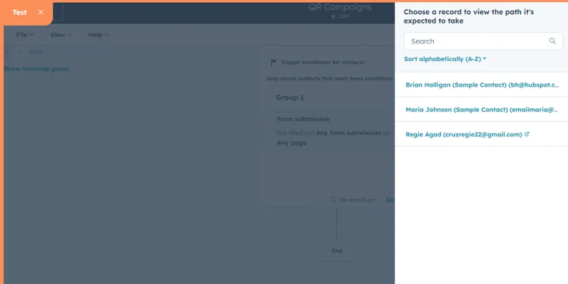 HubSpot workflow testing panel