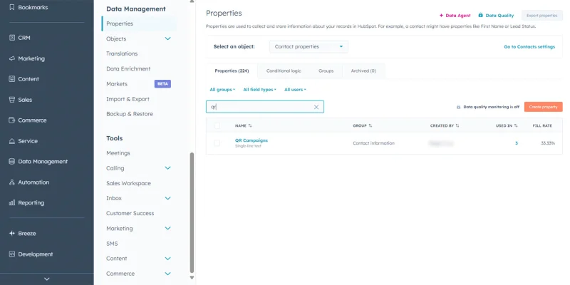 HubSpot contact properties settings screen
