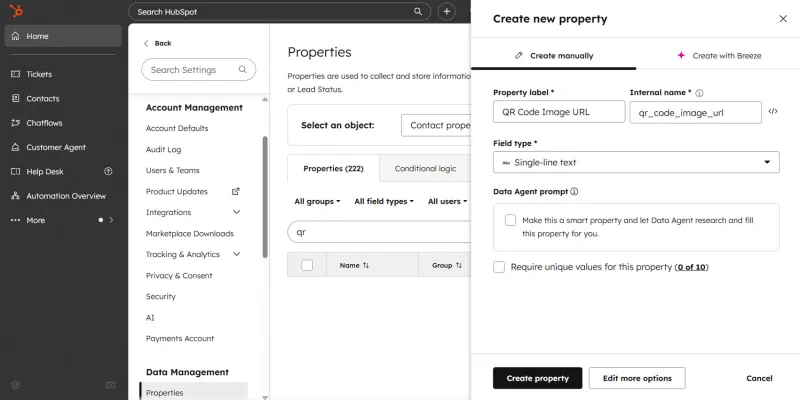 HubSpot create QR contact property