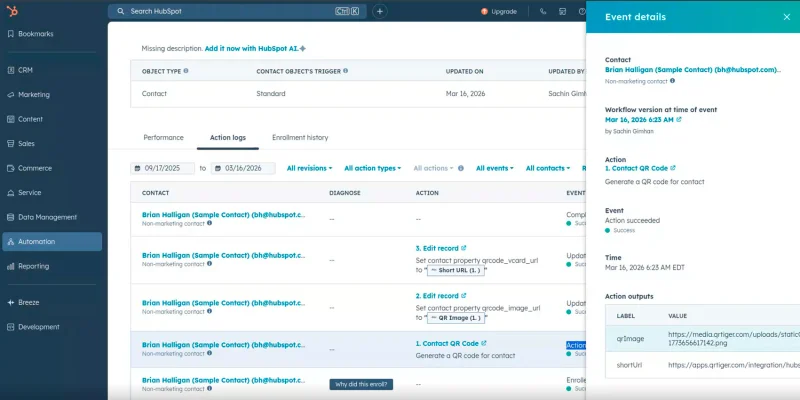 HubSpot workflow action logs