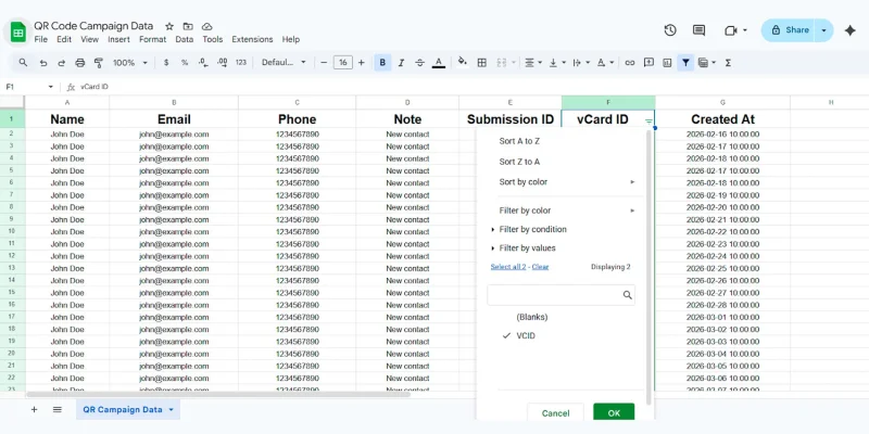 QR campaign data structured in Sheets Google Sheets QR data filtering view