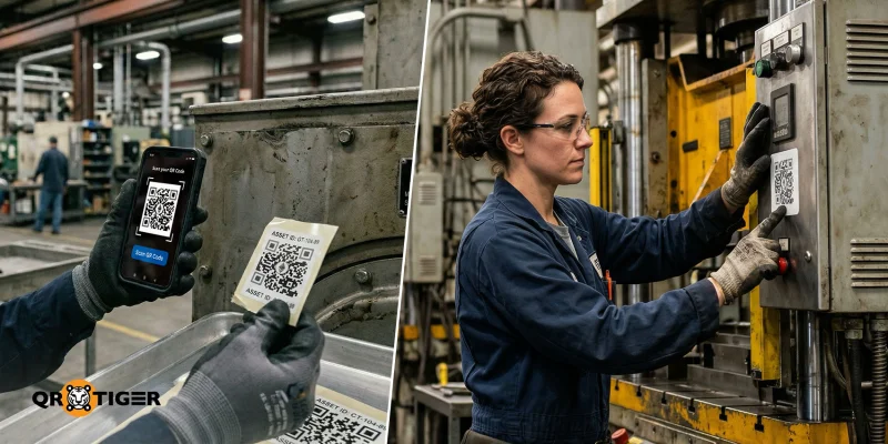 Technician checking QR code equipment maintenance