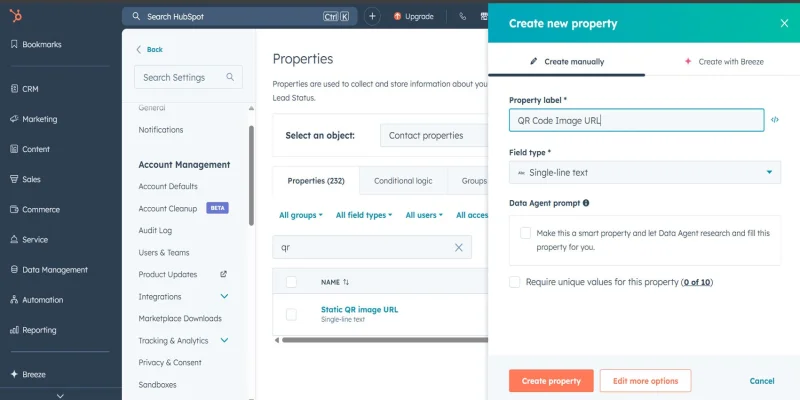 HubSpot contact property setup screen