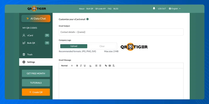 Customize vCard email message settings