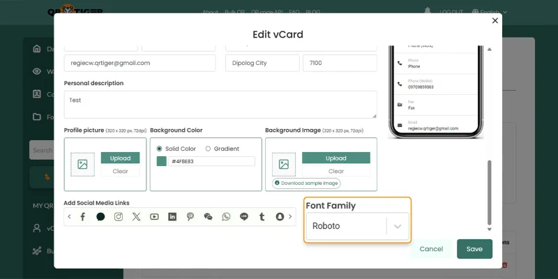 Font family in edit vCard