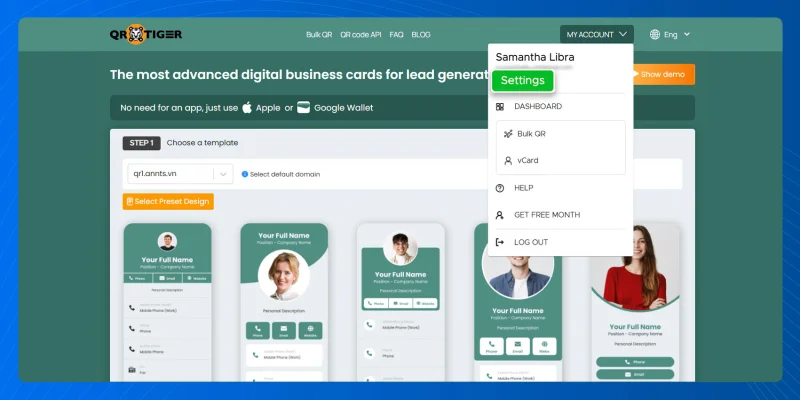 Settings from QR TIGER account