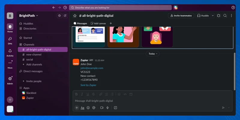 Slack channel showing new contact alert