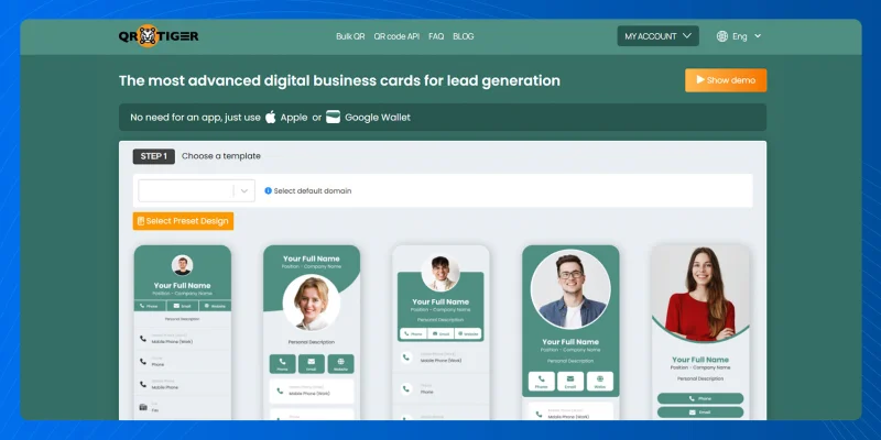 QR TIGER vCard template dashboard page