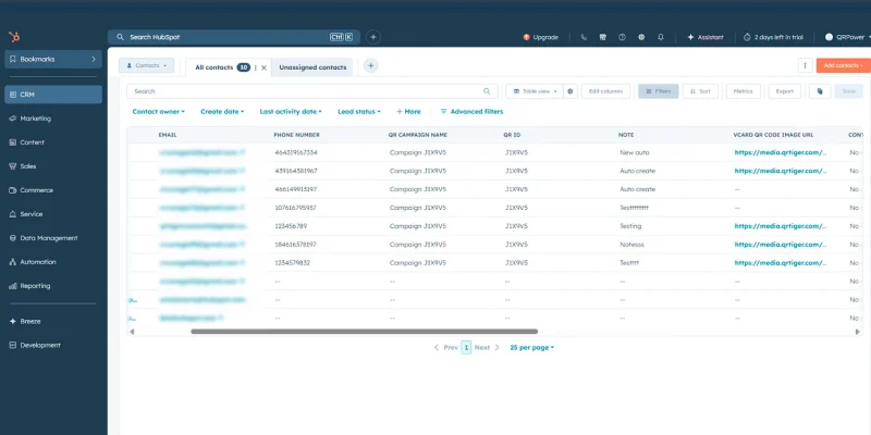 QR field mapping in HubSpot contacts