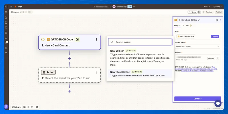 QR TIGER events selected in Zapier