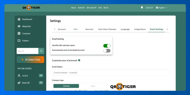 Review vCard email settings options