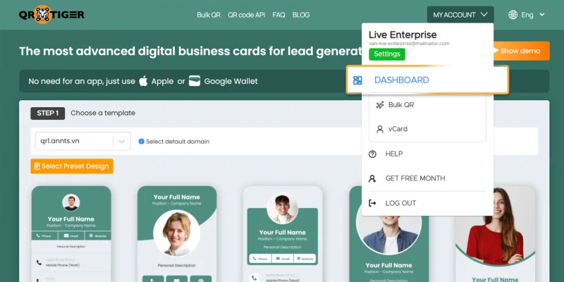 Open Dashboard from QR TIGER vCard account QR TIGER account dashboard