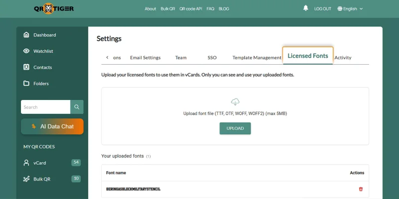 Licensed Fonts tab in Settings page