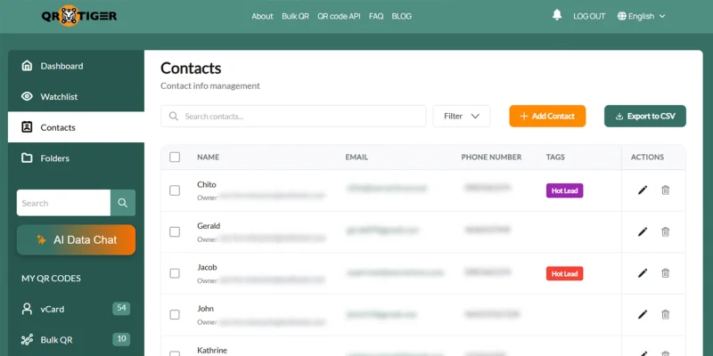 Review saved contacts on vCard platform Contacts page with saved lead records