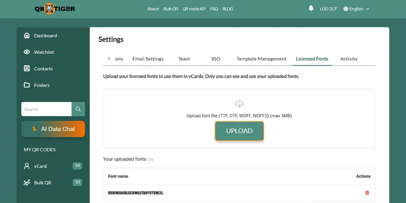 Upload font file in Licensed Fonts