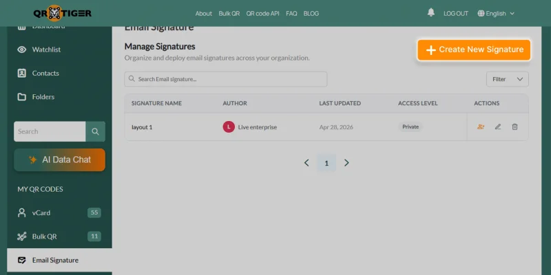 Creating a customize vCard email signature Create New Signature button