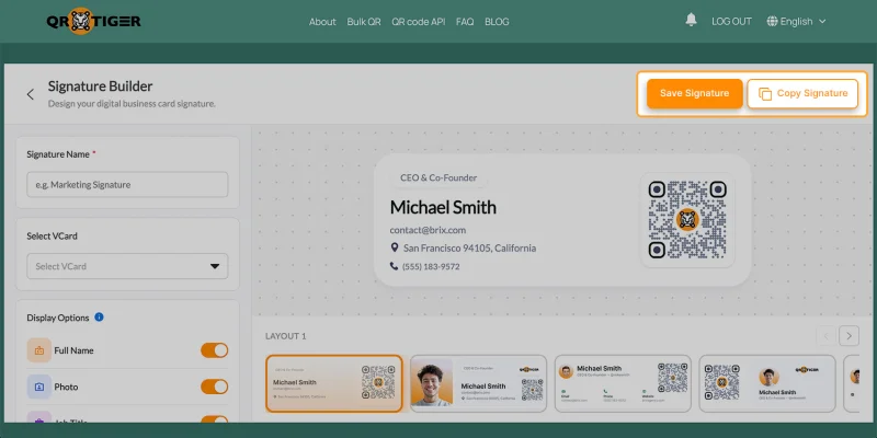 Saving and copying vCard email signature Save signature and copy signature buttons