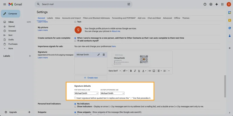 Setting Gmail signature defaults for emails Gmail signature defaults selection menu