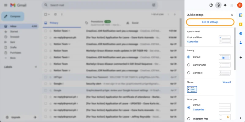 Opening Gmail Settings menu Gmail quick settings
