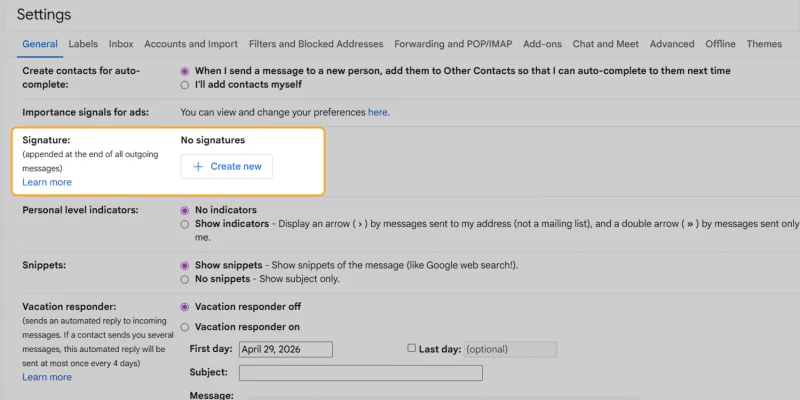 Gmail Settings Signature creation Gmail Signature section