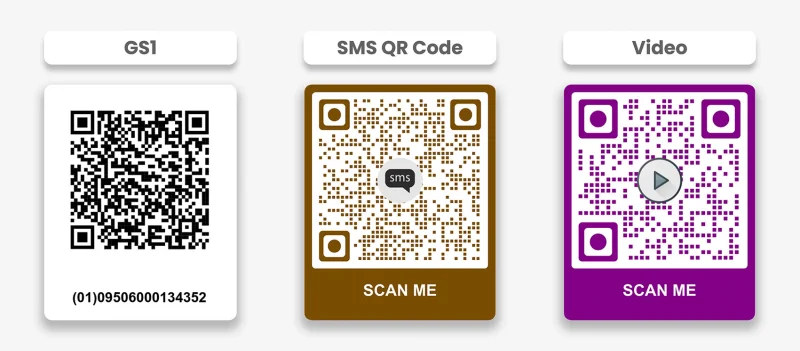 GS1, SMS, and Video QR code samples