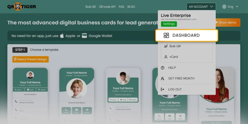 Log in to QR TIGER vCard account QR TIGER vCard account dashboard