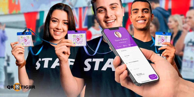 Staff members displaying vCard QR code lanyards