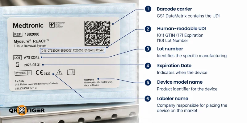 Medical device UDI label anatomy Medical device label with UDI components labeled