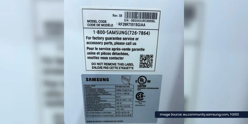 Samsung refrigerator warranty sticker with QR code