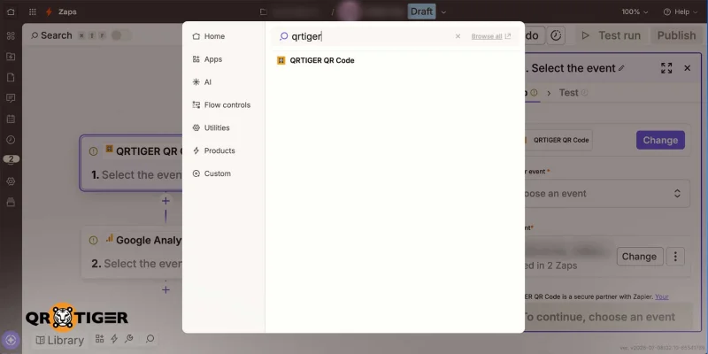 Zapier trigger setup with QR TIGER Zapier search bar showing QR TIGER selection